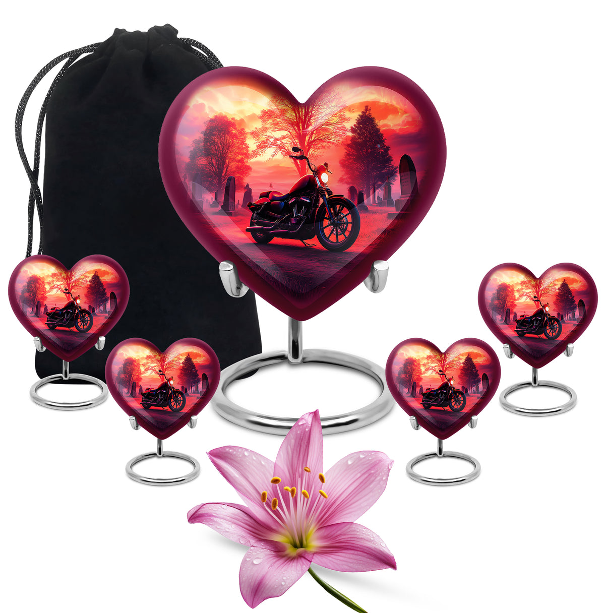 Wine Red Bike Cremation Urn close-up of engraving and surface detail - loving heart memorial featuring bike pattern - memorial set with one large and four small urns