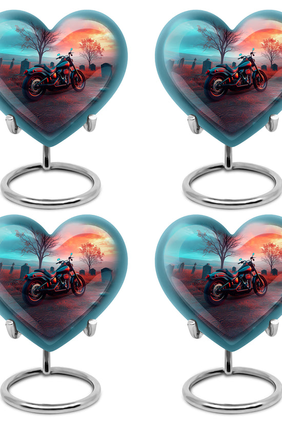 Ocean Teal Bike Cremation Urn angled view of lid and engraved motif - loving heart memorial featuring bike pattern - 10 inch aluminum urn for cremated remains