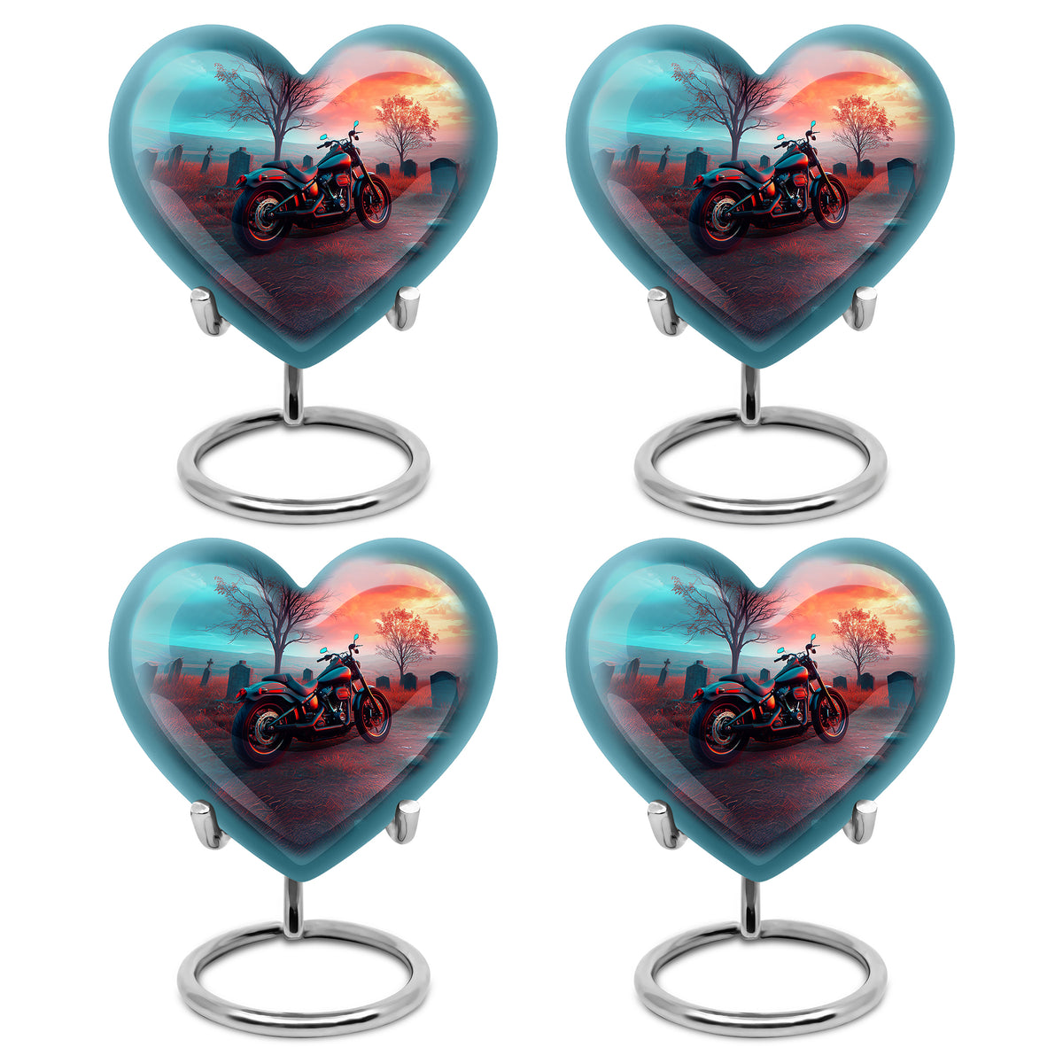 Ocean Teal Bike Cremation Urn angled view of lid and engraved motif - loving heart memorial featuring bike pattern - 10 inch aluminum urn for cremated remains