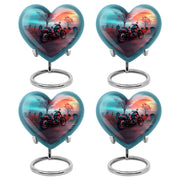 Ocean Teal Bike Cremation Urn angled view of lid and engraved motif - loving heart memorial featuring bike pattern - 10 inch aluminum urn for cremated remains
