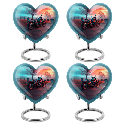 Ocean Teal Bike Cremation Urn angled view of lid and engraved motif - loving heart memorial featuring bike pattern - 10 inch aluminum urn for cremated remains