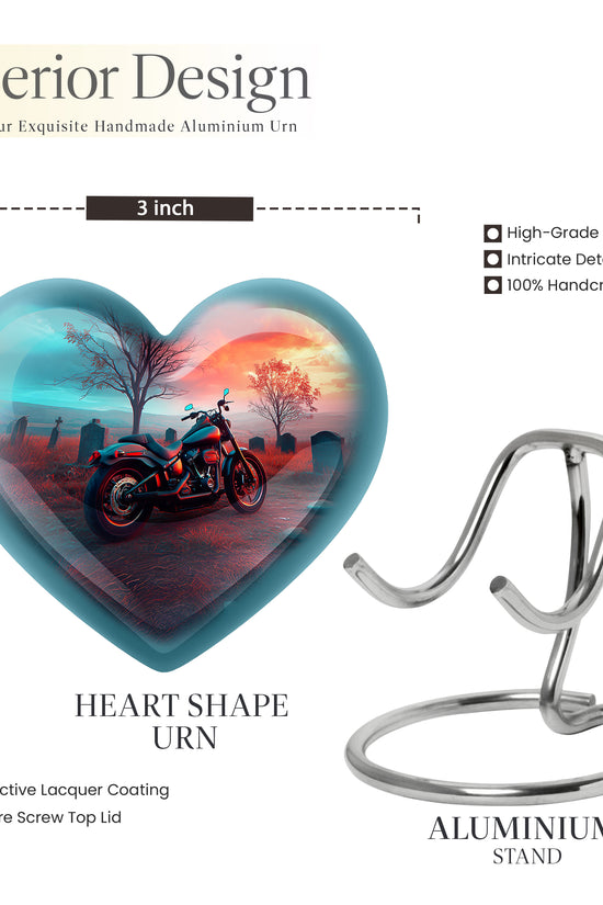 Cool Teal Bike Cremation Urn front view showing detailed design - loving heart memorial featuring bike pattern - mini keepsake memorial for portion of cremation ashes