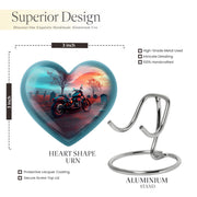 Cool Teal Bike Cremation Urn front view showing detailed design - loving heart memorial featuring bike pattern - mini keepsake memorial for portion of cremation ashes