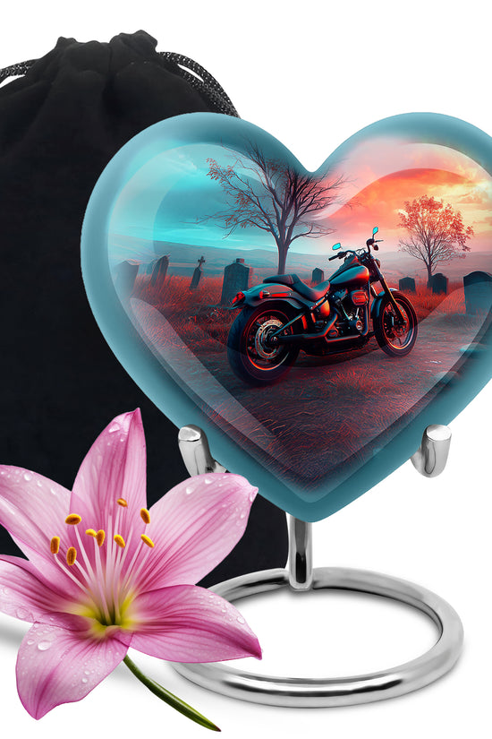 Cool Teal Bike Cremation Urn detail view - loving heart memorial featuring bike pattern - full-size 10 inch 200 cubic inch adult cremation urn