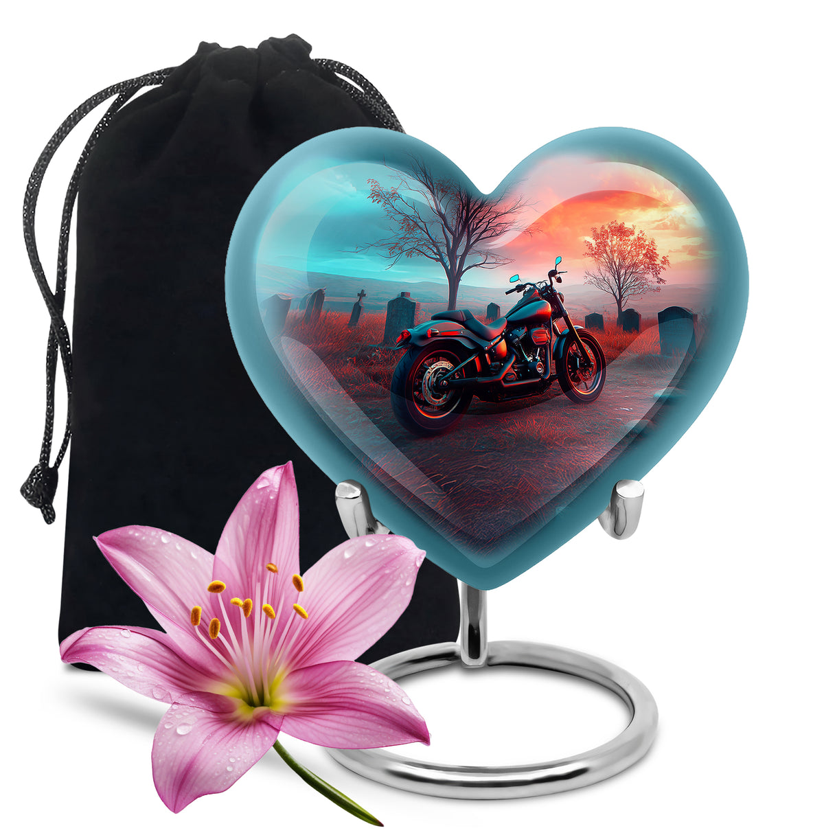 Cool Teal Bike Cremation Urn detail view - loving heart memorial featuring bike pattern - full-size 10 inch 200 cubic inch adult cremation urn