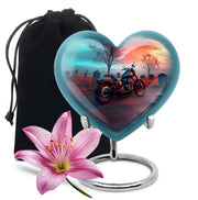 Cool Teal Bike Cremation Urn detail view - loving heart memorial featuring bike pattern - full-size 10 inch 200 cubic inch adult cremation urn