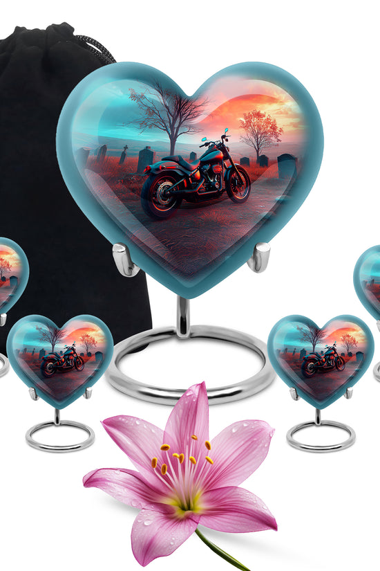 Cool Teal Bike Cremation Urn close-up of engraving and surface detail - loving heart memorial featuring bike pattern - memorial set with one large and four small urns