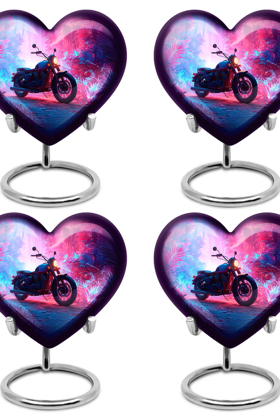 Navy Blue Bike Cremation Urn angled view of lid and engraved motif - loving heart memorial featuring bike pattern - 10 inch aluminum urn for cremated remains