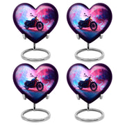 Navy Blue Bike Cremation Urn angled view of lid and engraved motif - loving heart memorial featuring bike pattern - 10 inch aluminum urn for cremated remains