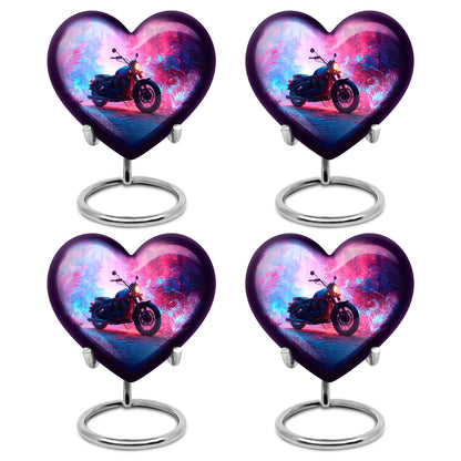 Navy Blue Bike Cremation Urn angled view of lid and engraved motif - loving heart memorial featuring bike pattern - 10 inch aluminum urn for cremated remains