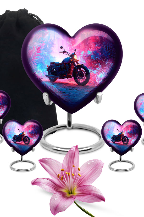 Azure Bike Cremation Urn close-up of engraving and surface detail - loving heart memorial featuring bike pattern - memorial set with one large and four small urns