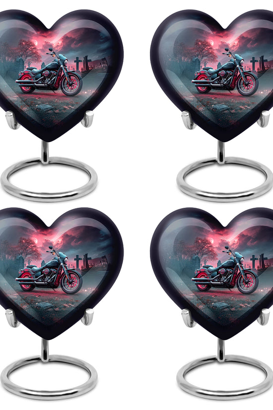 Steel Blue Bike Cremation Urn angled view of lid and engraved motif - compassionate heart-bike combination with gentle curves - 10 inch aluminum urn for cremated remains