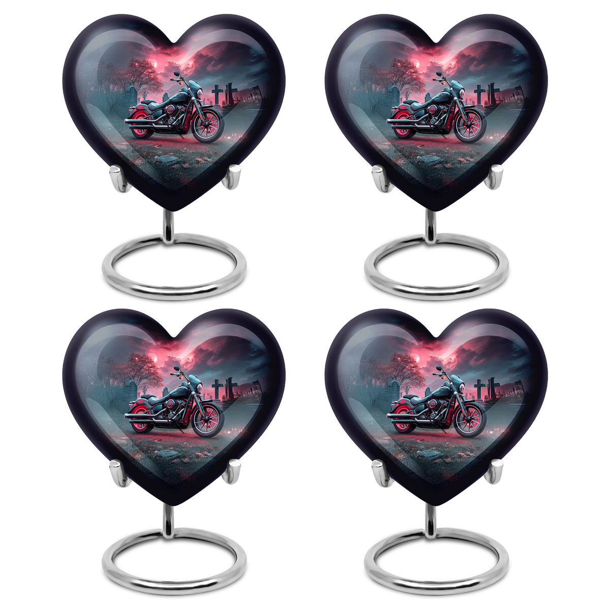 Steel Blue Bike Cremation Urn angled view of lid and engraved motif - compassionate heart-bike combination with gentle curves - 10 inch aluminum urn for cremated remains