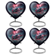 Steel Blue Bike Cremation Urn angled view of lid and engraved motif - compassionate heart-bike combination with gentle curves - 10 inch aluminum urn for cremated remains