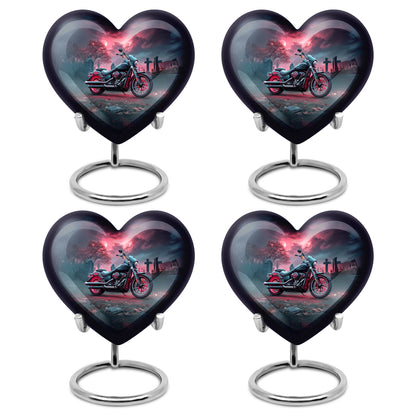 Steel Blue Bike Cremation Urn angled view of lid and engraved motif - compassionate heart-bike combination with gentle curves - 10 inch aluminum urn for cremated remains