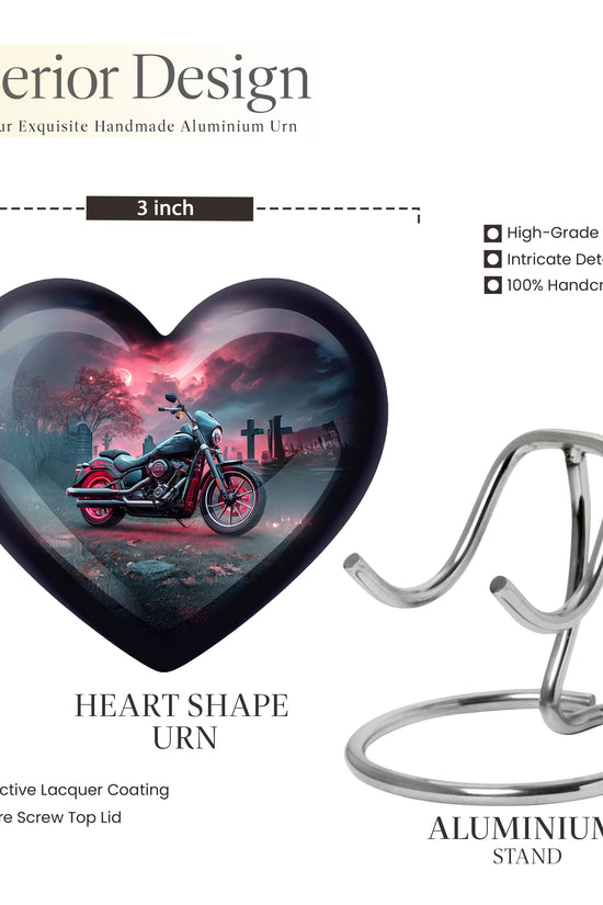 Steel Blue Bike Cremation Urn front view showing detailed design - romantic heart urn with bike motif on aluminum - mini keepsake memorial for portion of cremation ashes