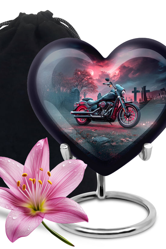 Twilight Blue Bike Cremation Urn detail view - romantic heart urn with bike motif on aluminum - full-size 10 inch 200 cubic inch adult cremation urn