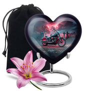 Twilight Blue Bike Cremation Urn detail view - romantic heart urn with bike motif on aluminum - full-size 10 inch 200 cubic inch adult cremation urn