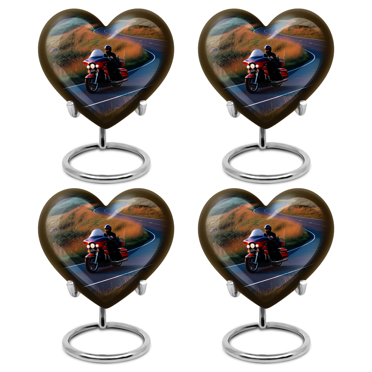 Sapphire Blue Bike Cremation Urn angled view of lid and engraved motif - compassionate heart-bike combination with gentle curves - 10 inch aluminum urn for cremated remains