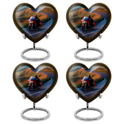 Sapphire Blue Bike Cremation Urn angled view of lid and engraved motif - compassionate heart-bike combination with gentle curves - 10 inch aluminum urn for cremated remains