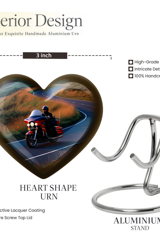 Calming Blue Bike Cremation Urn front view showing detailed design - romantic heart urn with bike motif on aluminum - mini keepsake memorial for portion of cremation ashes