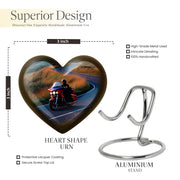 Calming Blue Bike Cremation Urn front view showing detailed design - romantic heart urn with bike motif on aluminum - mini keepsake memorial for portion of cremation ashes