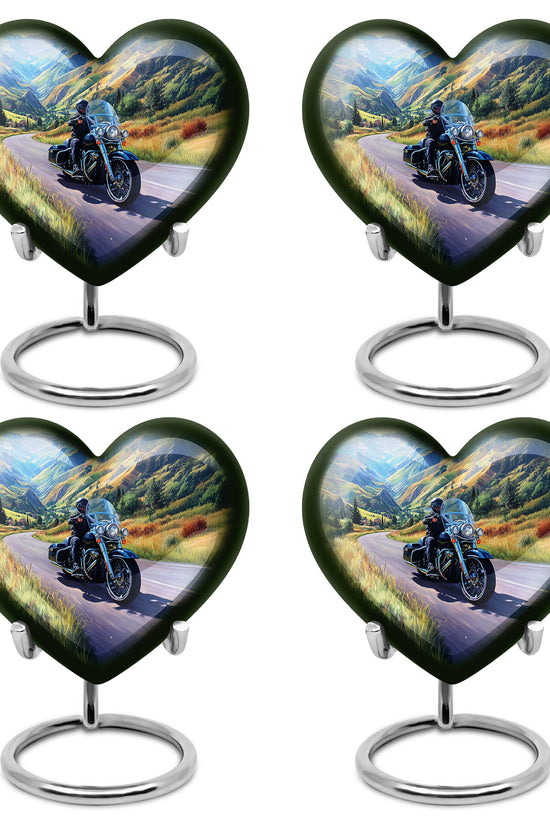 Misty Blue Bike Cremation Urn angled view of lid and engraved motif - heart-shaped bike design symbolizing eternal love - 10 inch aluminum urn for cremated remains