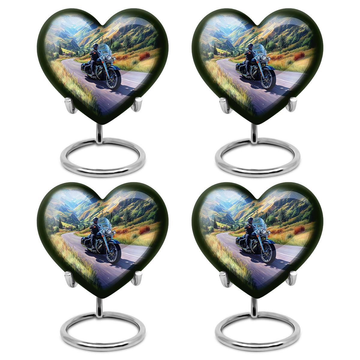 Misty Blue Bike Cremation Urn angled view of lid and engraved motif - heart-shaped bike design symbolizing eternal love - 10 inch aluminum urn for cremated remains