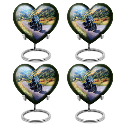 Misty Blue Bike Cremation Urn angled view of lid and engraved motif - heart-shaped bike design symbolizing eternal love - 10 inch aluminum urn for cremated remains