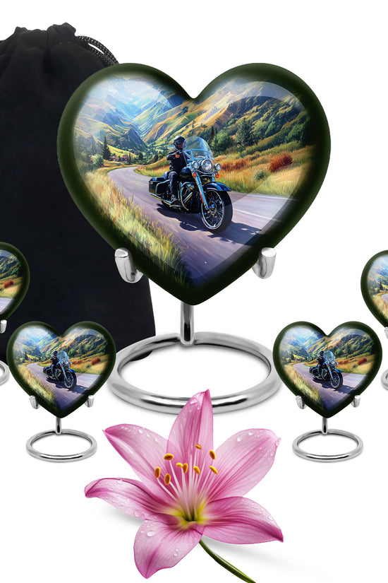 Slate Blue Bike Cremation Urn close-up of engraving and surface detail - loving heart memorial featuring bike pattern - memorial set with one large and four small urns