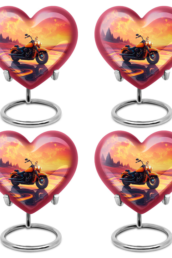 Rose Pink Bike Cremation Urn angled view of lid and engraved motif - heart-shaped bike design symbolizing eternal love - 10 inch aluminum urn for cremated remains