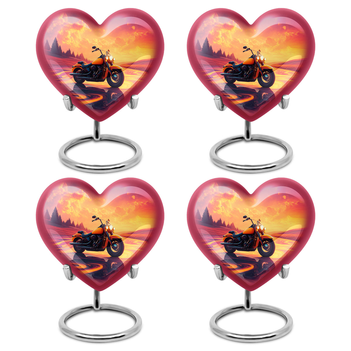 Rose Pink Bike Cremation Urn angled view of lid and engraved motif - heart-shaped bike design symbolizing eternal love - 10 inch aluminum urn for cremated remains