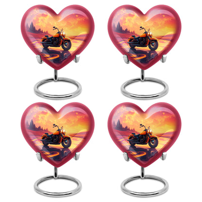 Rose Pink Bike Cremation Urn angled view of lid and engraved motif - heart-shaped bike design symbolizing eternal love - 10 inch aluminum urn for cremated remains