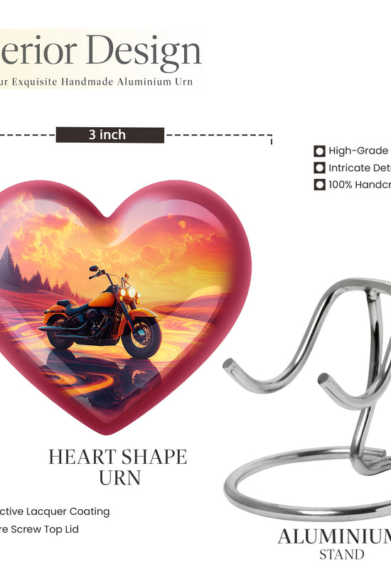 Rose Pink Bike Cremation Urn front view showing detailed design - loving heart memorial featuring bike pattern - mini keepsake memorial for portion of cremation ashes