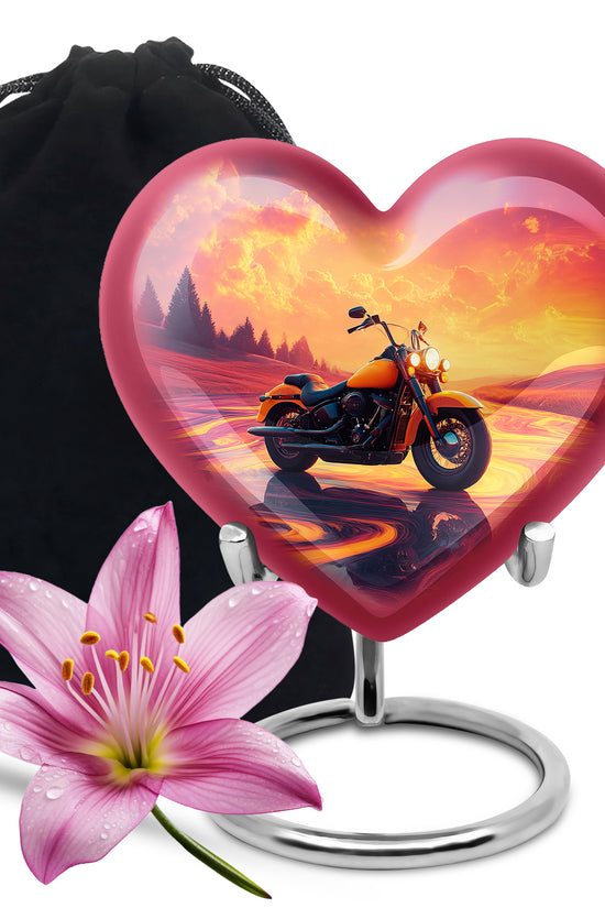 Peony Pink Bike Cremation Urn detail view - loving heart memorial featuring bike pattern - full-size 10 inch 200 cubic inch adult cremation urn