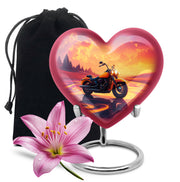 Peony Pink Bike Cremation Urn detail view - loving heart memorial featuring bike pattern - full-size 10 inch 200 cubic inch adult cremation urn