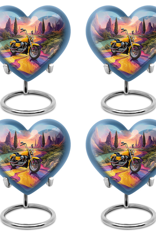 Dusty Blue Bike Cremation Urn angled view of lid and engraved motif - loving heart memorial featuring bike pattern - 10 inch aluminum urn for cremated remains