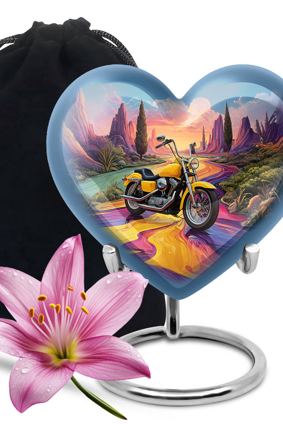 Calming Blue Bike Cremation Urn detail view - romantic heart urn with bike motif on aluminum - full-size 10 inch 200 cubic inch adult cremation urn