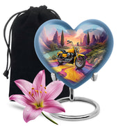 Calming Blue Bike Cremation Urn detail view - romantic heart urn with bike motif on aluminum - full-size 10 inch 200 cubic inch adult cremation urn