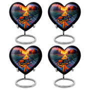 Plum Purple Bike Cremation Urn angled view of lid and engraved motif - heart-shaped bike design symbolizing eternal love - 10 inch aluminum urn for cremated remains