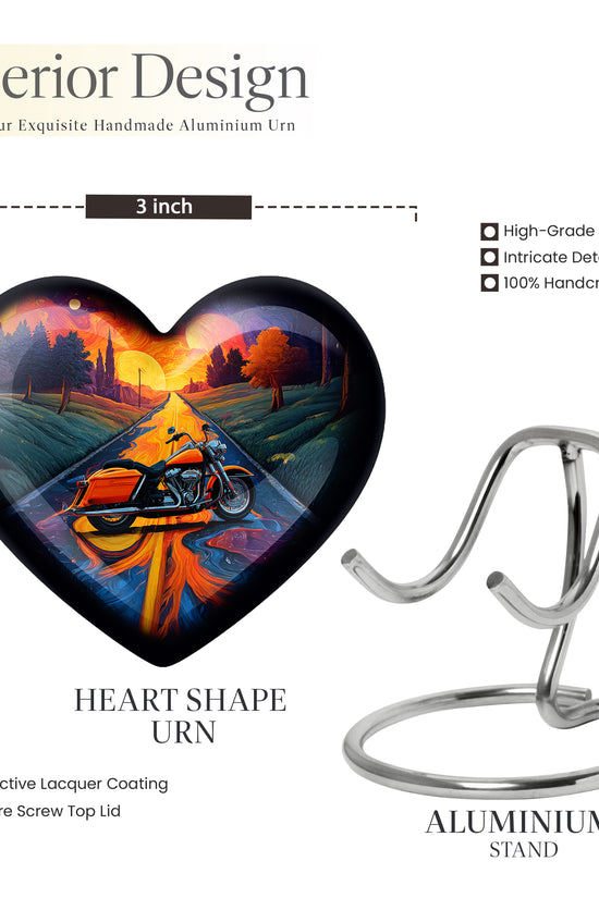 Deep Purple Bike Cremation Urn front view showing detailed design - loving heart memorial featuring bike pattern - mini keepsake memorial for portion of cremation ashes