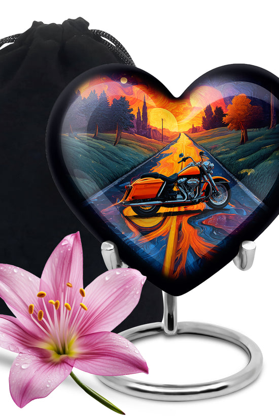 Deep Purple Bike Cremation Urn detail view - loving heart memorial featuring bike pattern - full-size 10 inch 200 cubic inch adult cremation urn