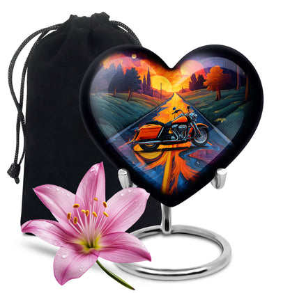 Deep Purple Bike Cremation Urn detail view - loving heart memorial featuring bike pattern - full-size 10 inch 200 cubic inch adult cremation urn