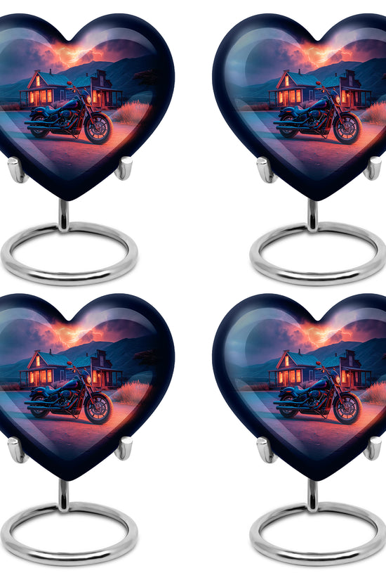 Royal Blue Bike Cremation Urn angled view of lid and engraved motif - romantic heart urn with bike motif on aluminum - 10 inch aluminum urn for cremated remains
