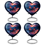 Royal Blue Bike Cremation Urn angled view of lid and engraved motif - romantic heart urn with bike motif on aluminum - 10 inch aluminum urn for cremated remains