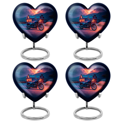 Royal Blue Bike Cremation Urn angled view of lid and engraved motif - romantic heart urn with bike motif on aluminum - 10 inch aluminum urn for cremated remains