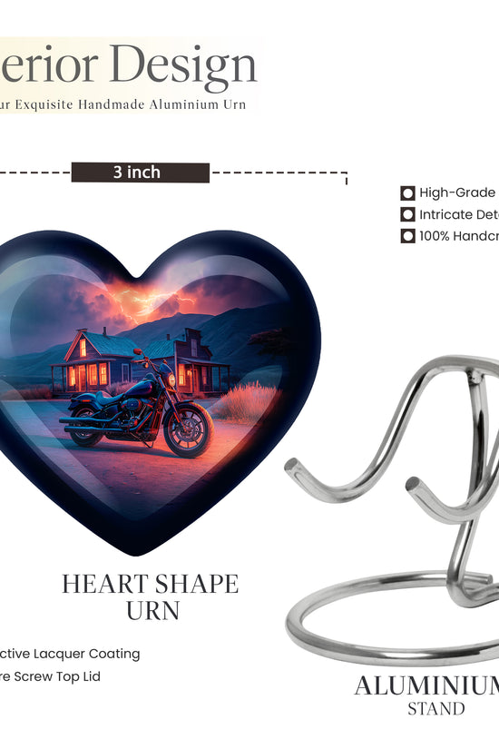 Slate Blue Bike Cremation Urn front view showing detailed design - loving heart memorial featuring bike pattern - mini keepsake memorial for portion of cremation ashes