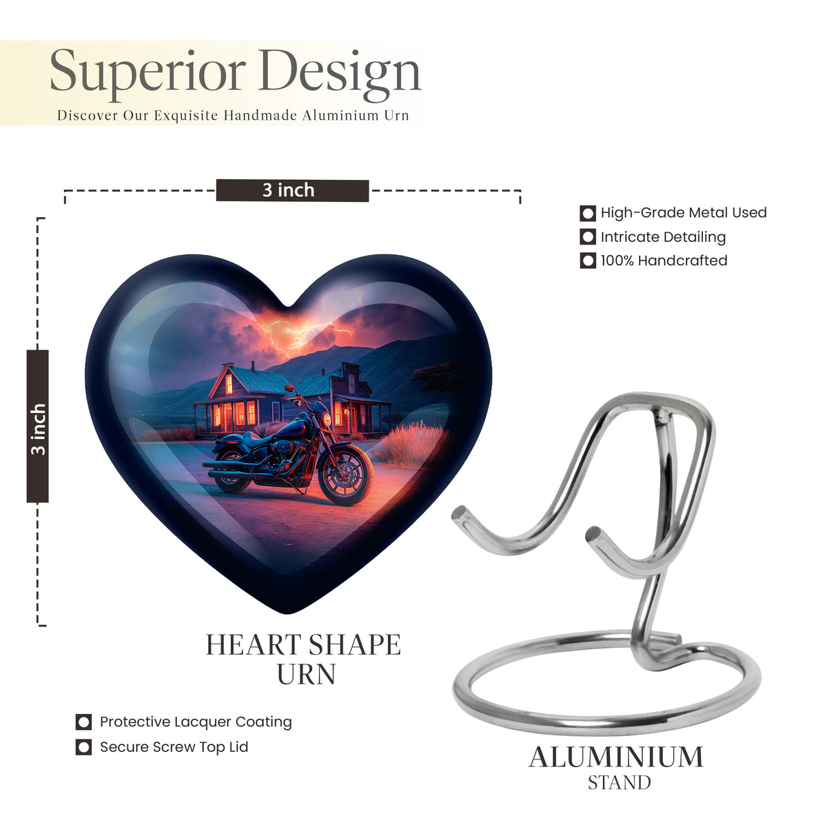 Slate Blue Bike Cremation Urn front view showing detailed design - loving heart memorial featuring bike pattern - mini keepsake memorial for portion of cremation ashes