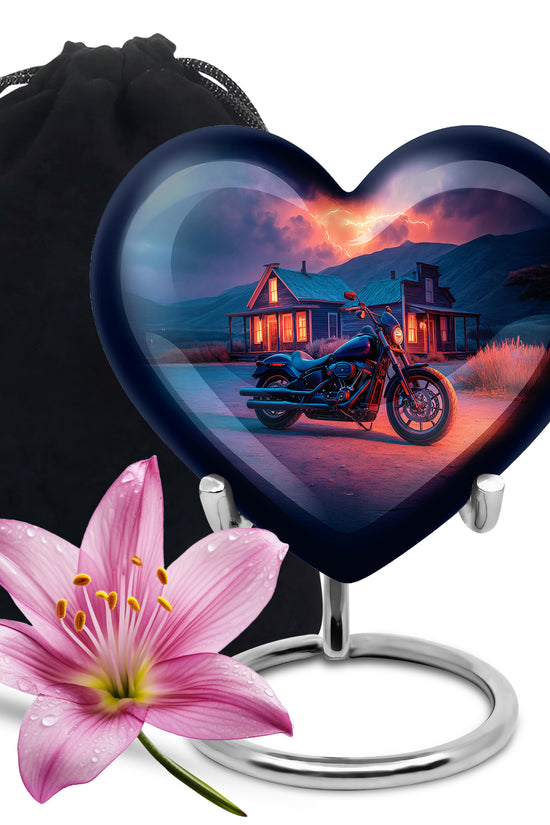 Twilight Blue Bike Cremation Urn detail view - romantic heart urn with bike motif on aluminum - full-size 10 inch 200 cubic inch adult cremation urn