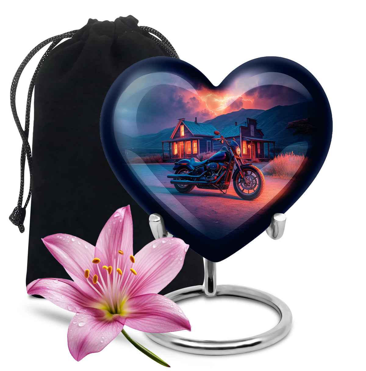 Twilight Blue Bike Cremation Urn detail view - romantic heart urn with bike motif on aluminum - full-size 10 inch 200 cubic inch adult cremation urn